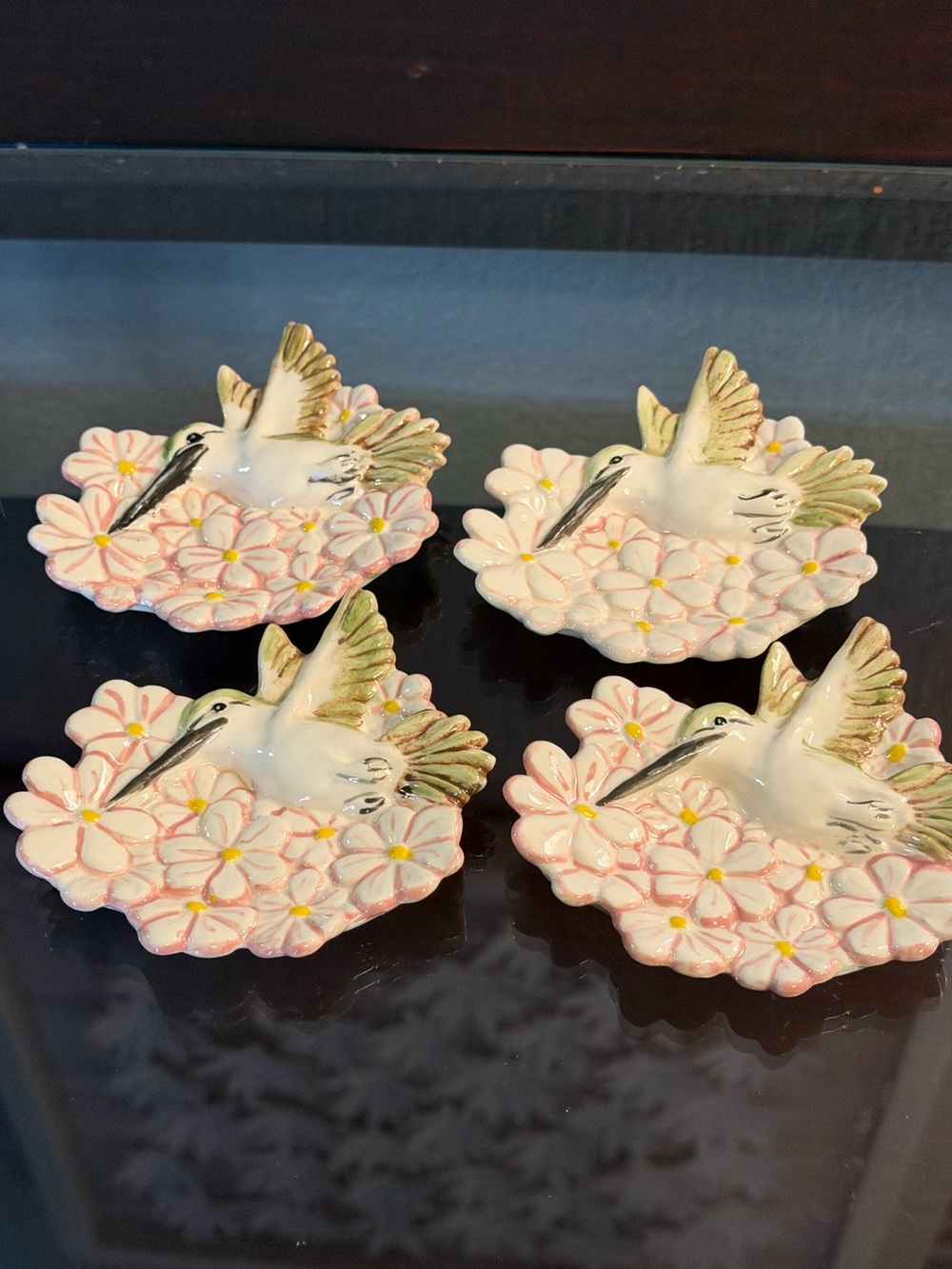 Set of 4 Pink Flower Hummingbird Ceramic Spoon or Jewelry Holders Handcrafted